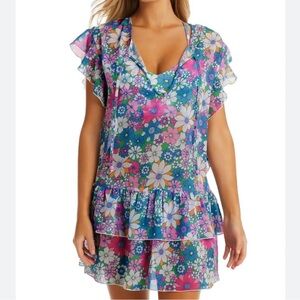 NWT Jessica Simpson Floral Flutter Sleeve Tiered Sheer Swim Cover Up